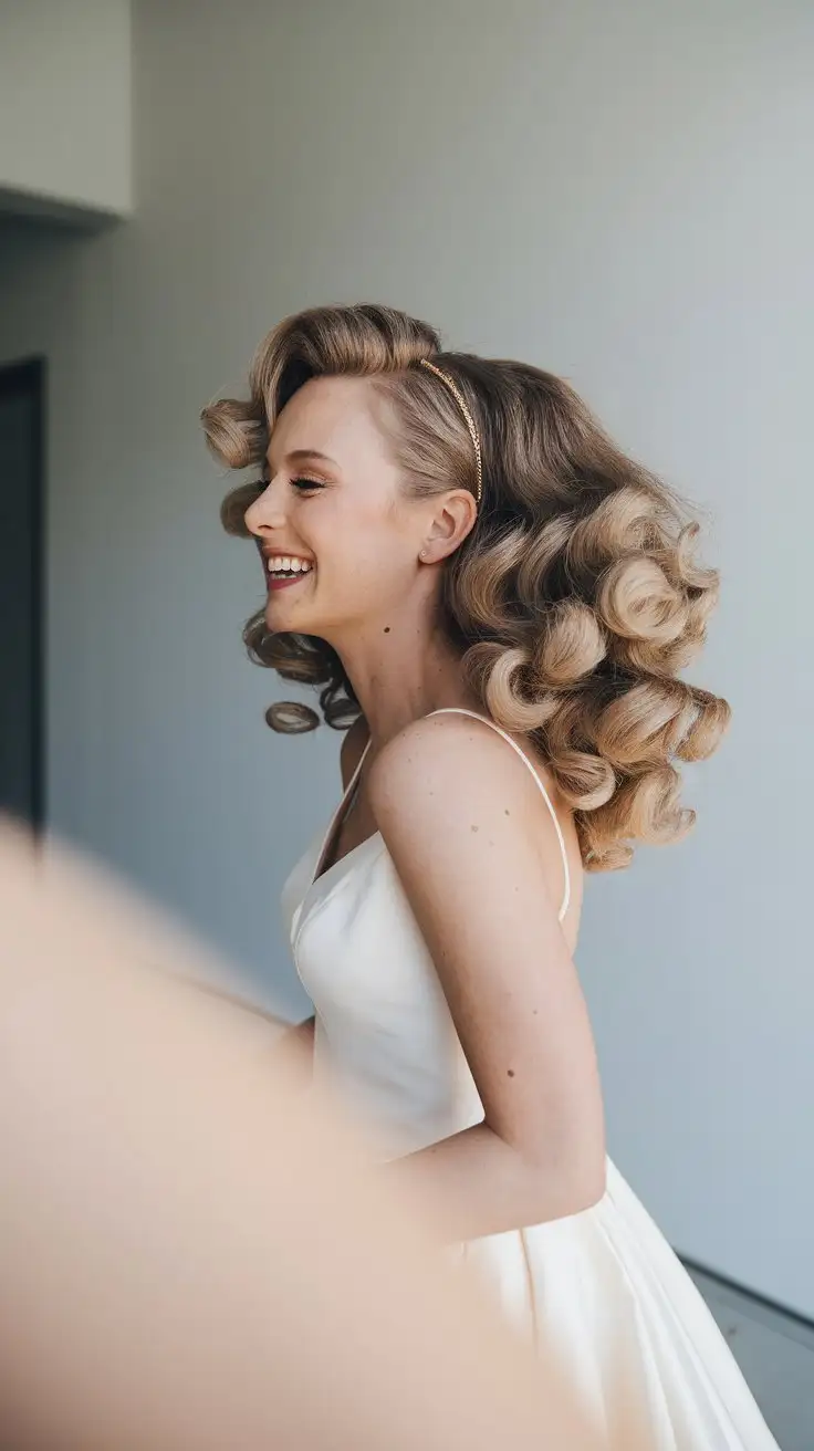 Waist-up shot, bride with joyful expression, laughing slightly, standing against a plain white wall, naturally voluminous, bouncy light brown curly hair, full of life and texture, thin gold headband accentuating the curls, minimal makeup, wearing a simple elegant wedding dress, bright studio lighting, clean, modern, realistic, detailed curly hair texture, shallow depth of field.