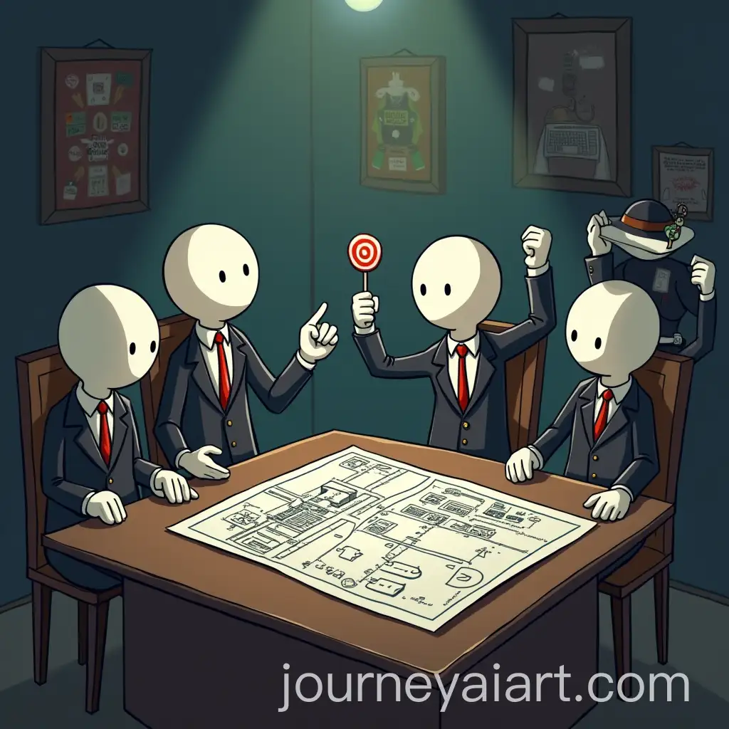 StickAI-Art-Prompt-Expansionman-Characters-Planning-Candy-Factory-Heist-in-Secret-Hideout