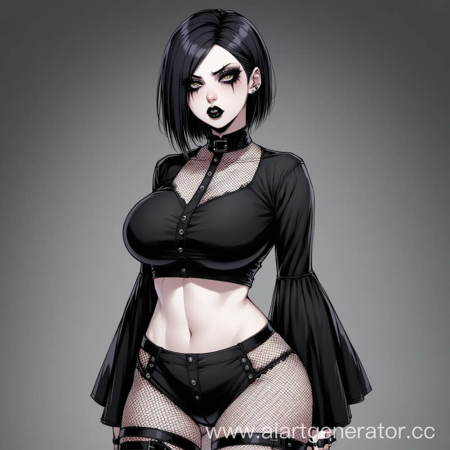 Goth woman, 37 years old, big tits,wide hips, pale skin, gothic makeup,thick ass, short black hair,an irritated face,Modern clothes (keep the Goth features)