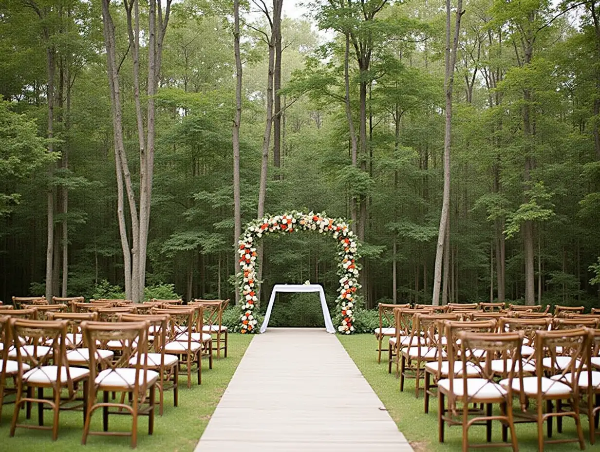 Scenic-Outdoor-Wedding-Ceremony-with-Floral-Arch-and-Wooden-Walkway