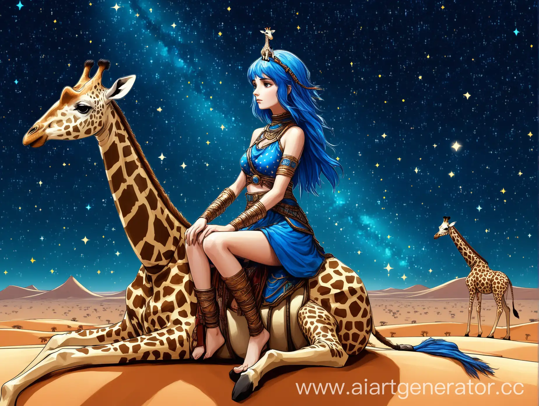 BlueHaired-Warrior-Girl-Riding-Spotted-Giraffe-Through-Starry-Desert