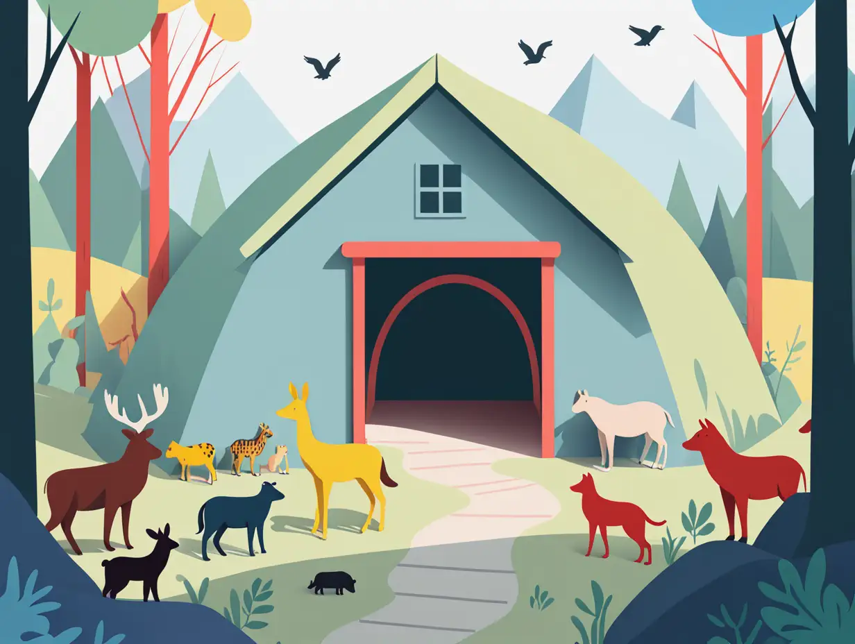 Pastel-Vector-Illustration-of-a-Shelter-Surrounded-by-Animals-on-a-Hiking-Trail