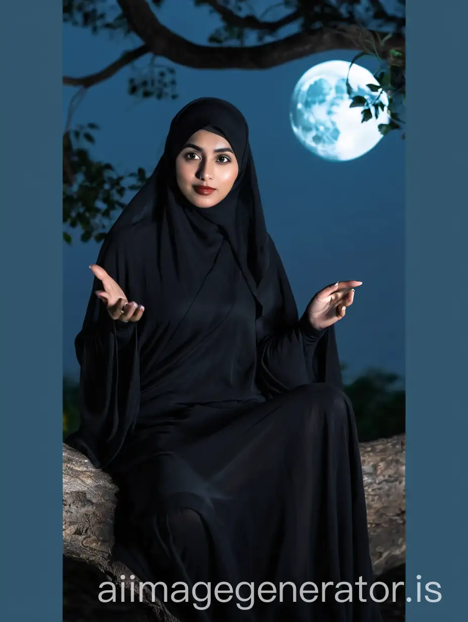 Muslim-Ghost-Woman-in-Traditional-Clothing-Sitting-Under-Tree-on-Moonlit-Night