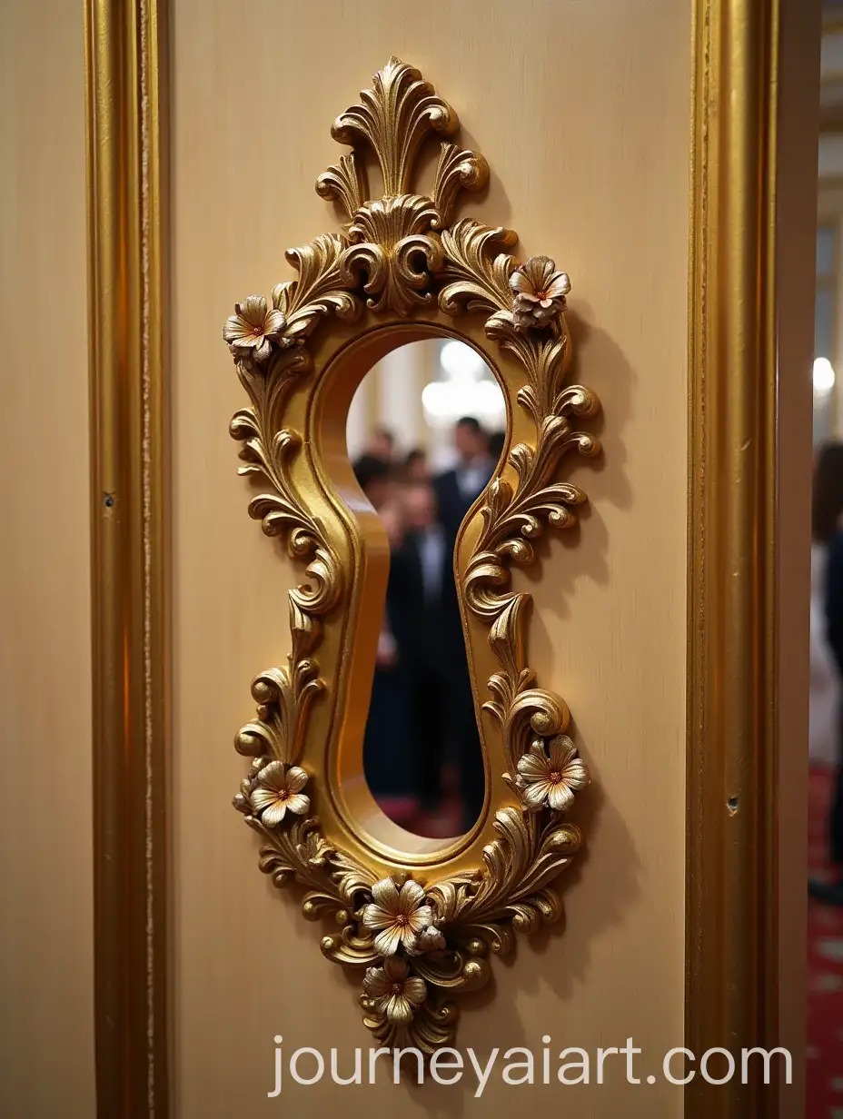 Gold-Rococo-Keyhole-on-Light-Wooden-Door-with-Monogrammed-Flowers-and-Ball-Scene