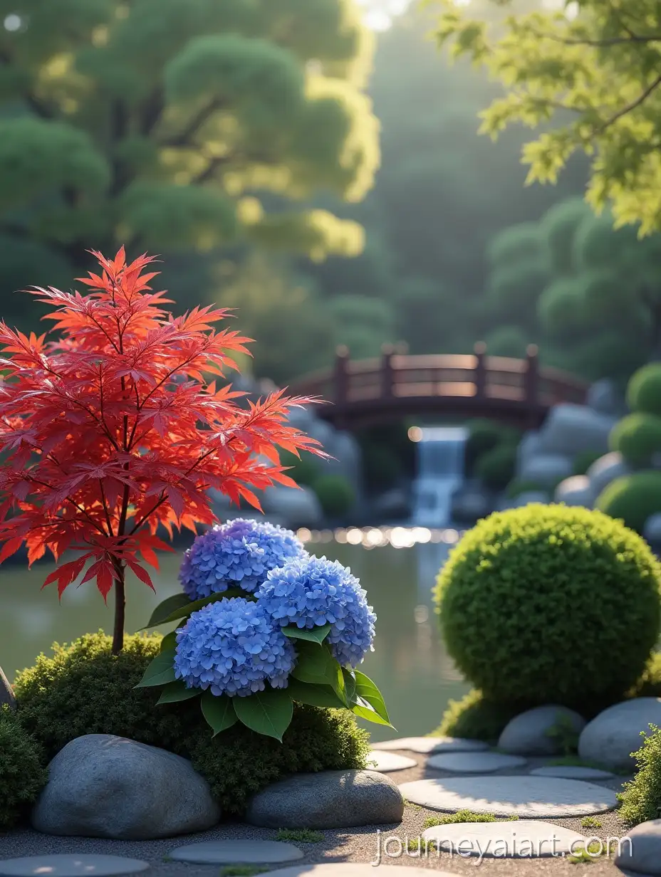 Japanese-Garden-with-Red-Leaves-Blue-HydJapanese-Garden-with-Plantsrangeas-and-Clipped-Daphne