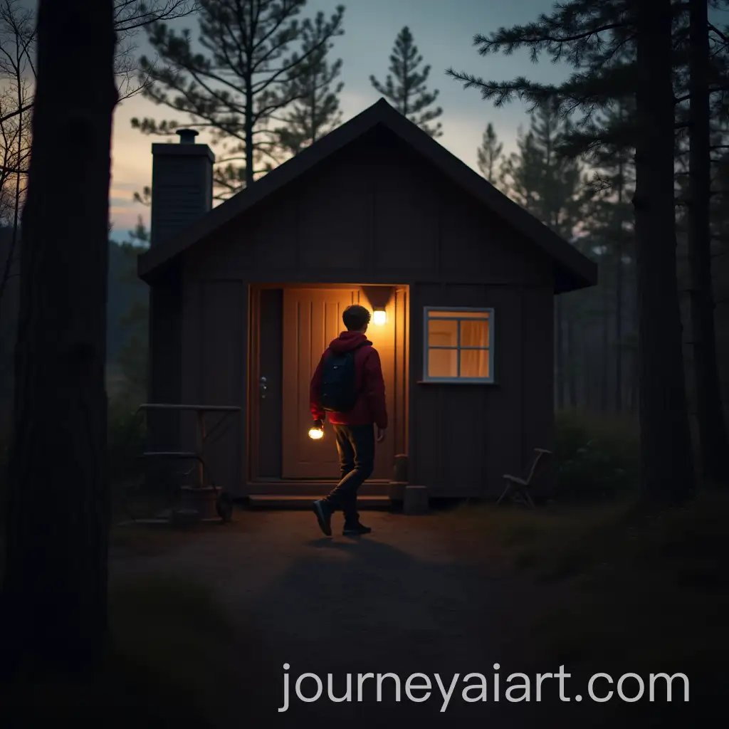 Young-Man-Entering-Forest-House-at-Sunset-with-Flashlight-and-Sleeping-Bag