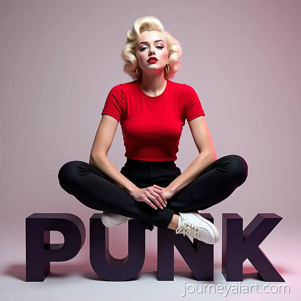 Futuristic-Editorial-Portrait-of-Marilyn-Monroe-Sitting-on-3D-MarylaPunk-Letters