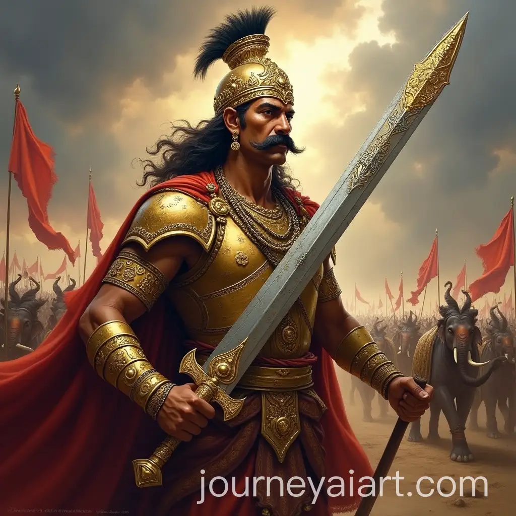 Ancient-Hindu-King-in-Regal-Armor-on-Battlefield-with-War-Elephants