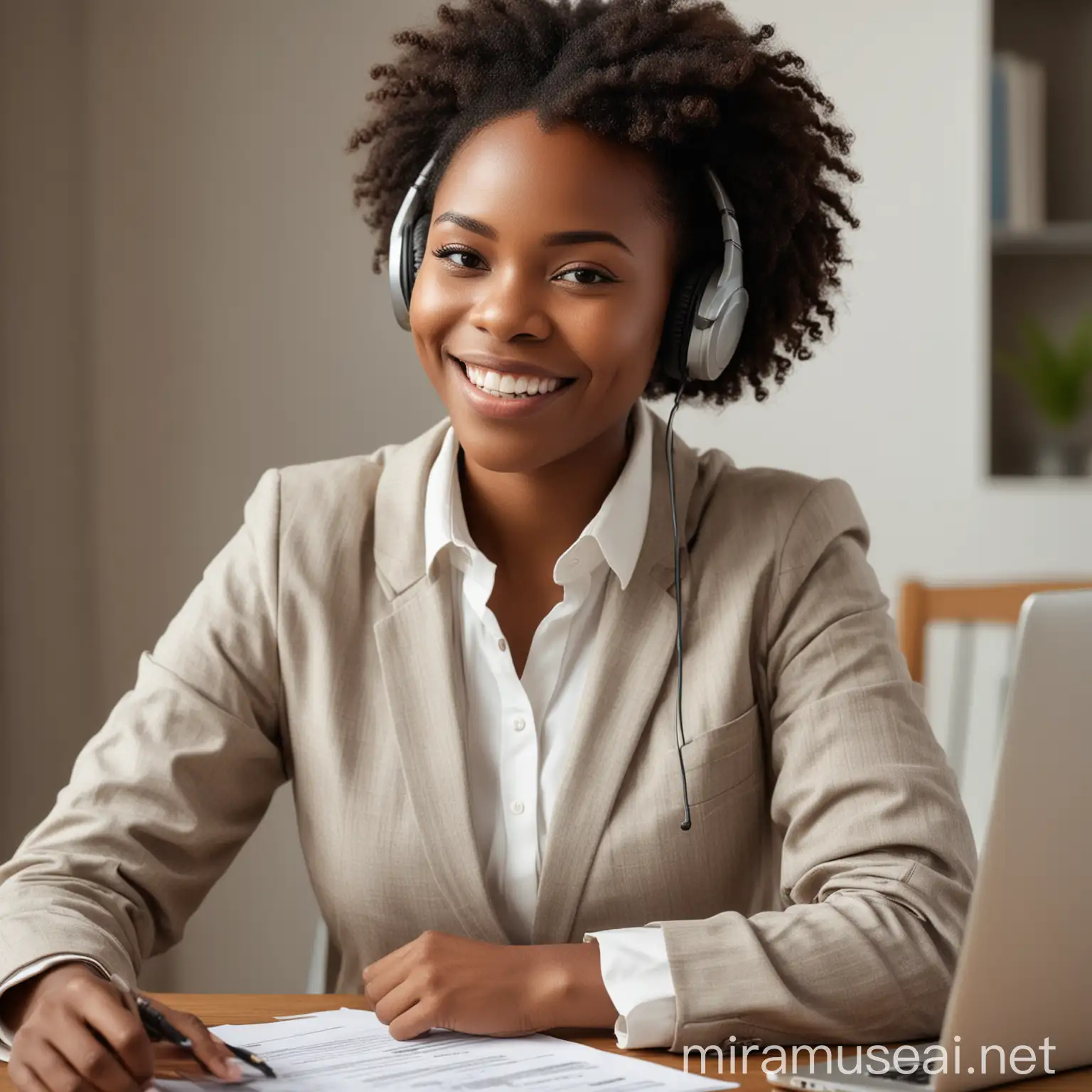 Smiling African Woman Diplomat with Headphones and Documents