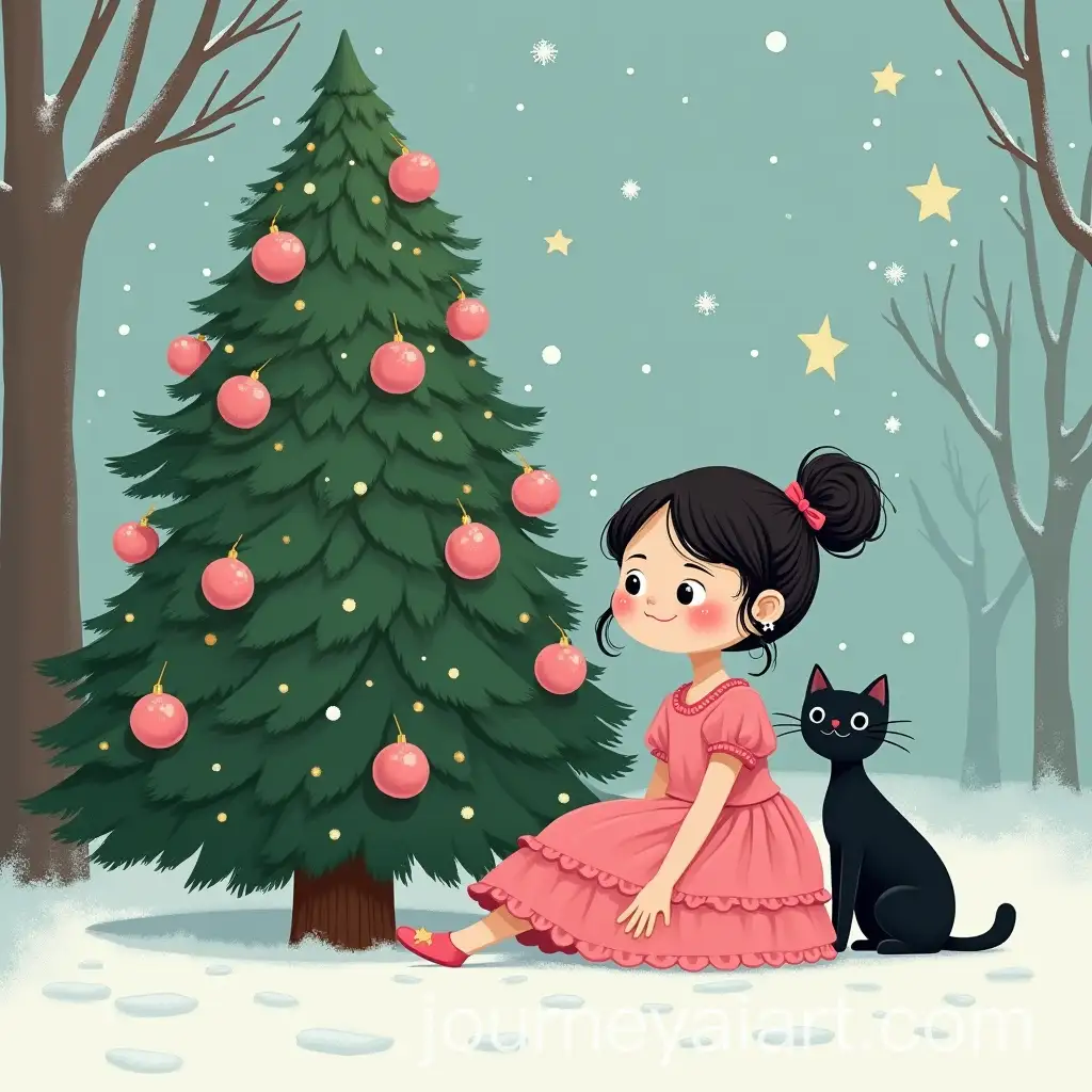 Girl-in-Pink-Dress-and-Black-Cat-by-Decorated-Christmas-Tree-with-Falling-Star
