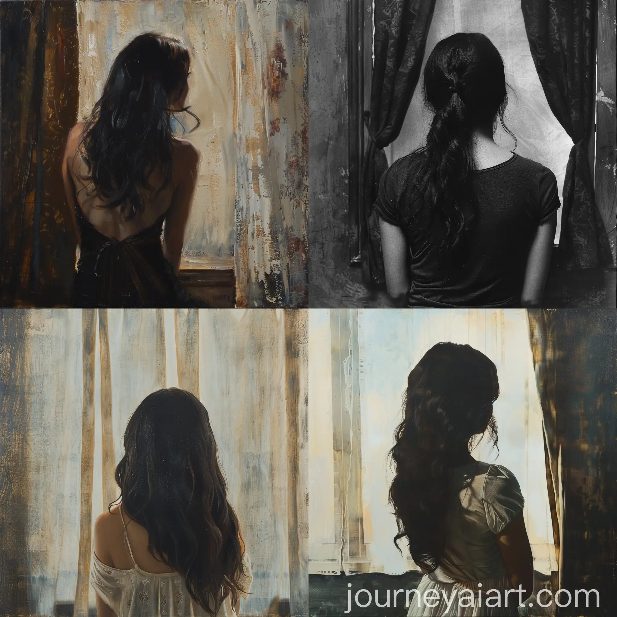 DarkHaired-Woman-Looking-Over-Shoulder-by-Bright-Window