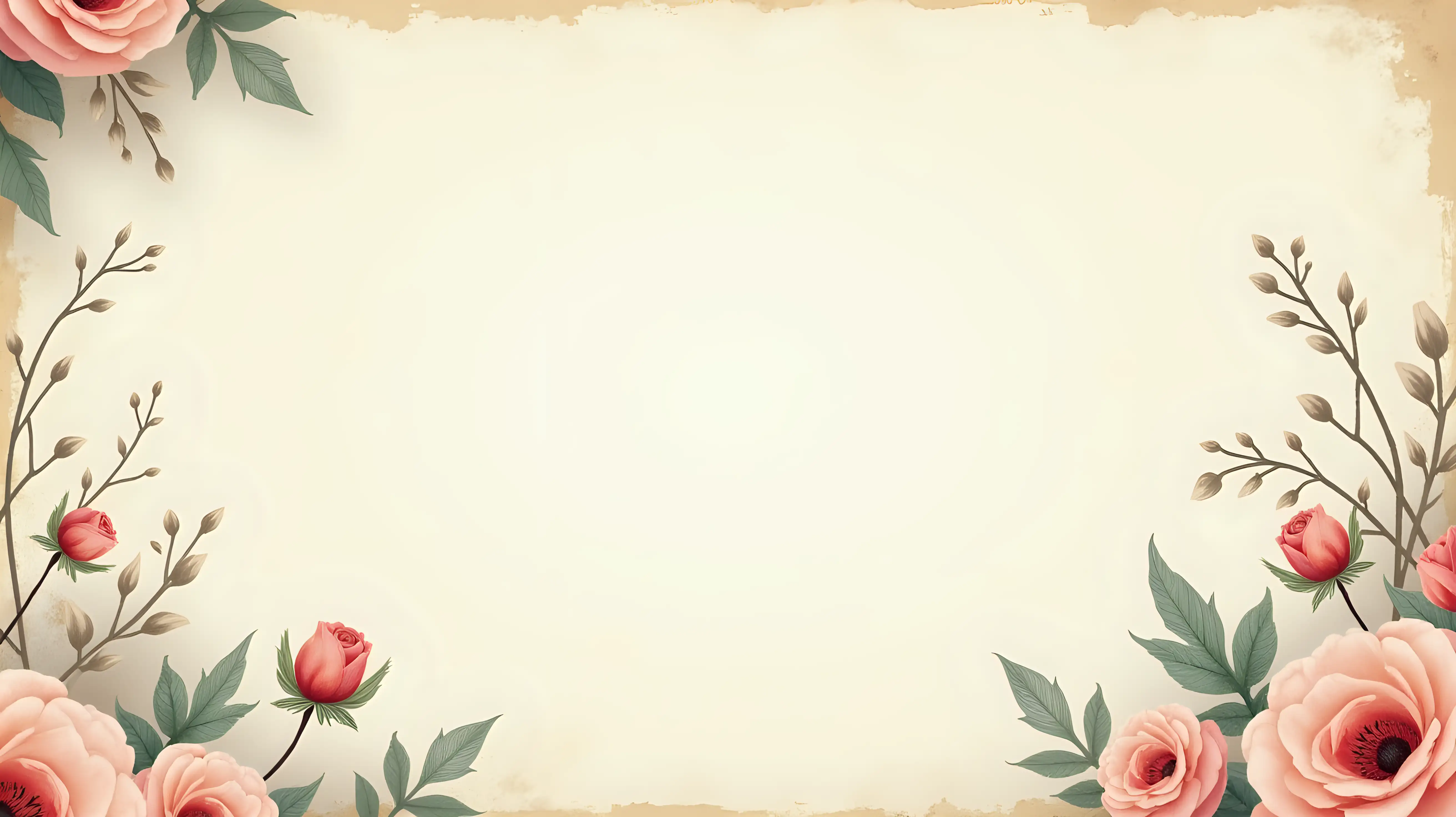 vintage floral background, aged paper texture with faded pastel flowers, roses and wildflowers, subtle grunge effect, soft light, retro color palette, elegant layout with worn edges, romantic old-fashioned look, high resolution, no text