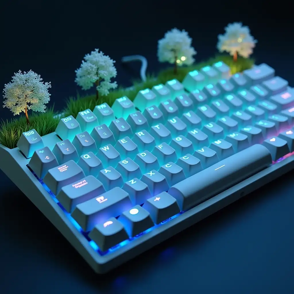 Create a Mechanical white keyboard and Blue Light on every cap and there are many smalll flower trees growing with grass.