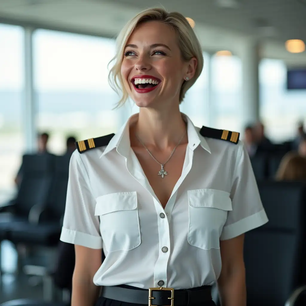 white norvegian pilot lady, in white deep-necked pilot shirt, laughing with her mouth open, red lipstick accentuating her smile,belt on waist, big wide hips, chest are fully grown, jewerly, short hair, HD, enjoing at airport , photo-realism