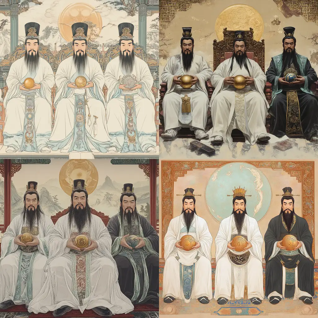 Three-Chinese-Emperors-on-Imperial-Thrones-in-a-Splendid-Palace