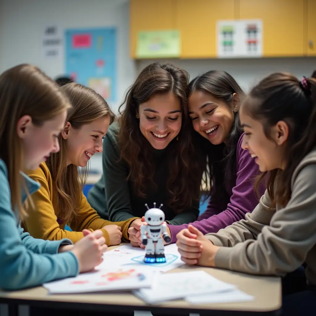 Diverse Students and Teacher Collaborating on AI Project in Classroom