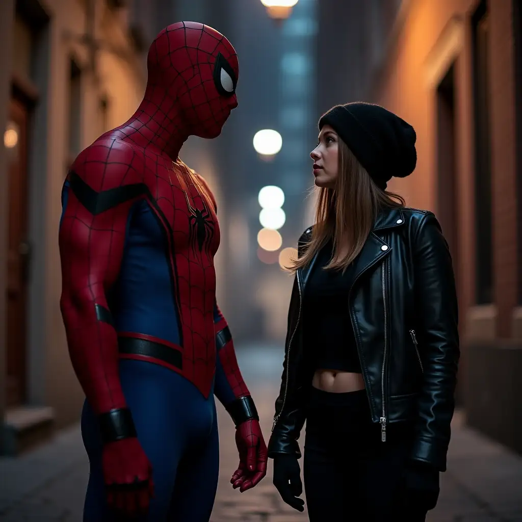 Muscle Spider-Man in his red and blue iconic Spider-Man suit and a beautiful straight long hair thief girl in a black leather jacket over black t-shirt with tight black pants, black gloves and black knit beanie look at each other in the alleyway of Manhattan at night.