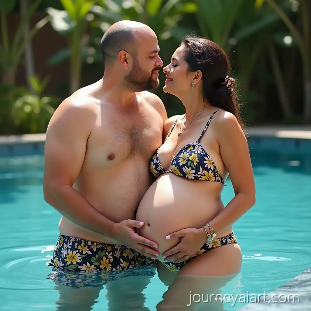 Pregnant-Indonesian-Woman-and-Young-ManPregnant-woman-by-pool-Posing-by-the-Pool-in-Tropical-Swimwear