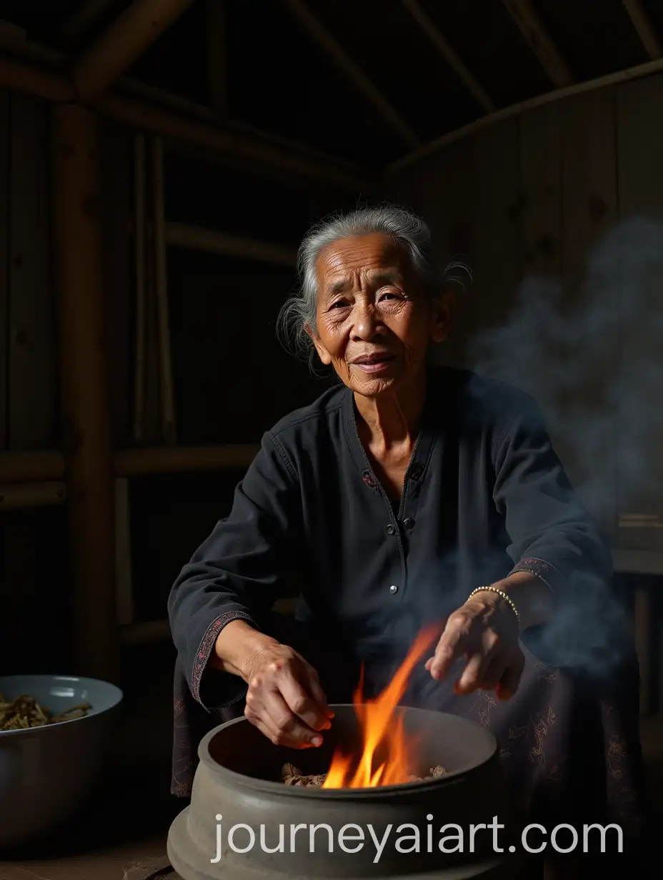 Elderly-Indonesian-Woman-Cooking-in-a-Traditional-Rural-Kitchen-at-Sunset