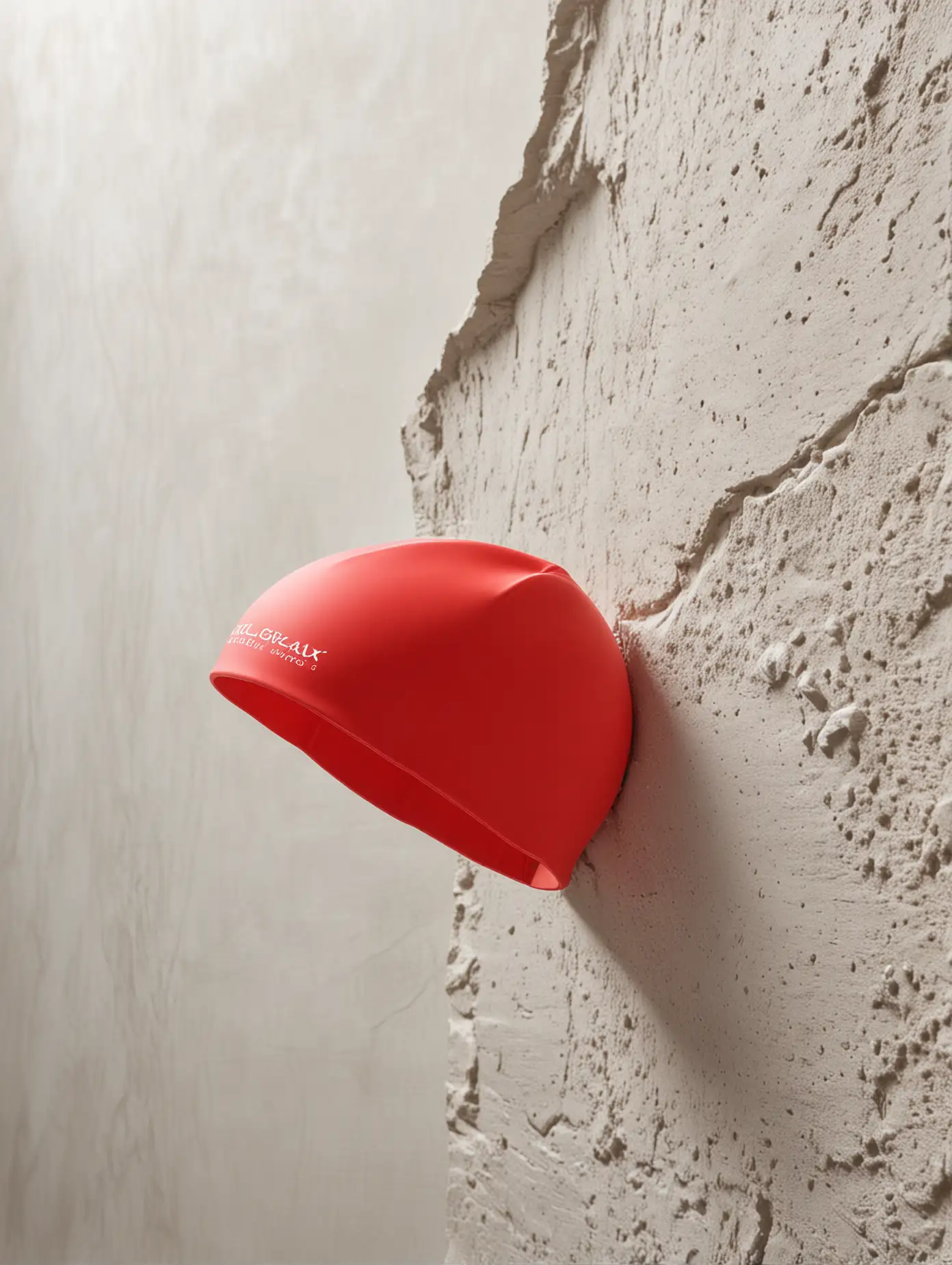 Matte silicone red swim cap, floating mid-air against polished white stone.