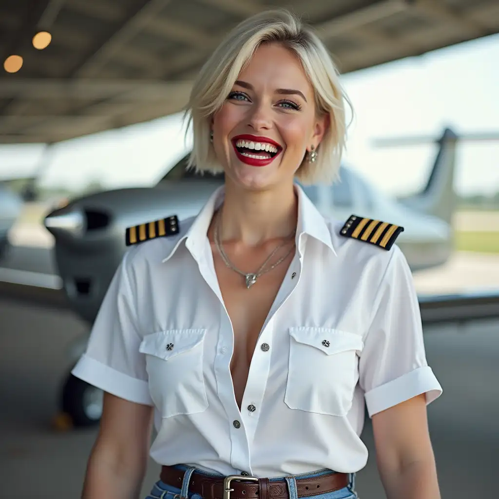 curvy white lady 35 years old, in white casually deep-necked pilot shirt, laughing with her mouth open, red lipstick accentuating her smile,belt on waist, big wide hips, chest are fully grown, jewerly, white buttons on shirt, short hair, HD, aerodrome, photo-realism