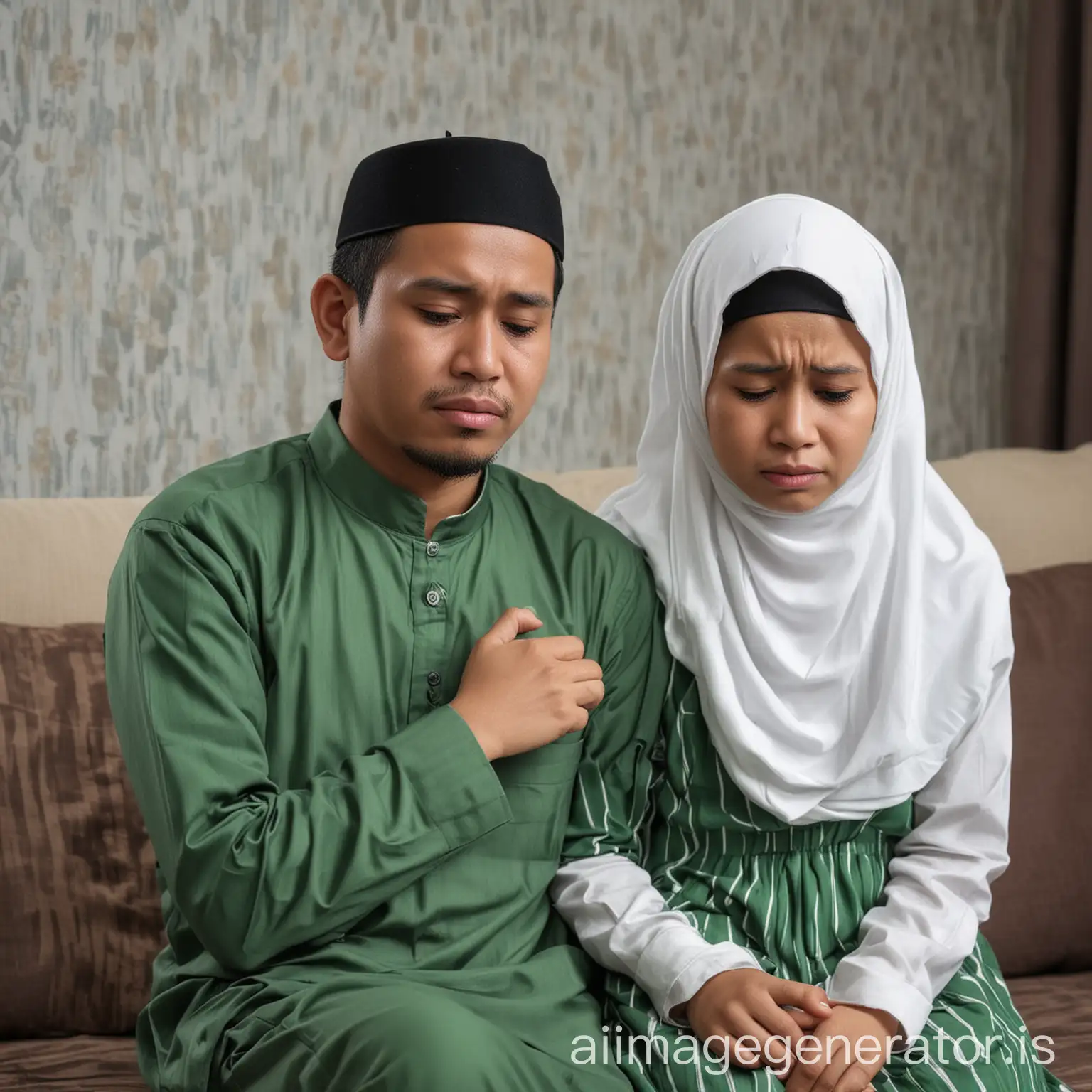 Indonesian Muslim husband is very sad with his wife. His wife is sad. The wife has a 10 year old child. The child is crying. The clothes are green and white. The Background in home.