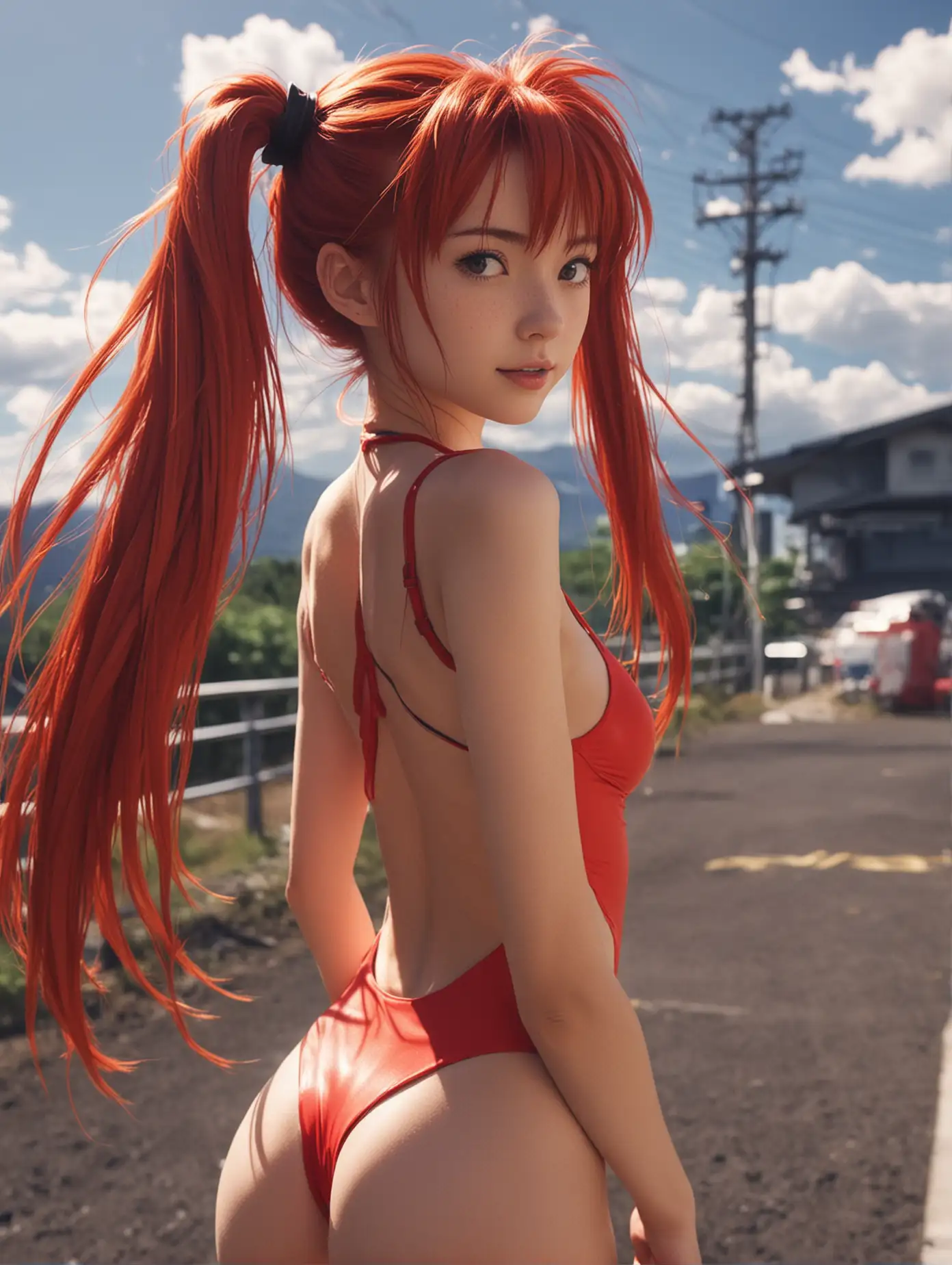 Neon-Genesis-Evangelion-Pilot-in-Red-Swimsuit-with-Ponytail-Against-Blurred-Japanese-Background