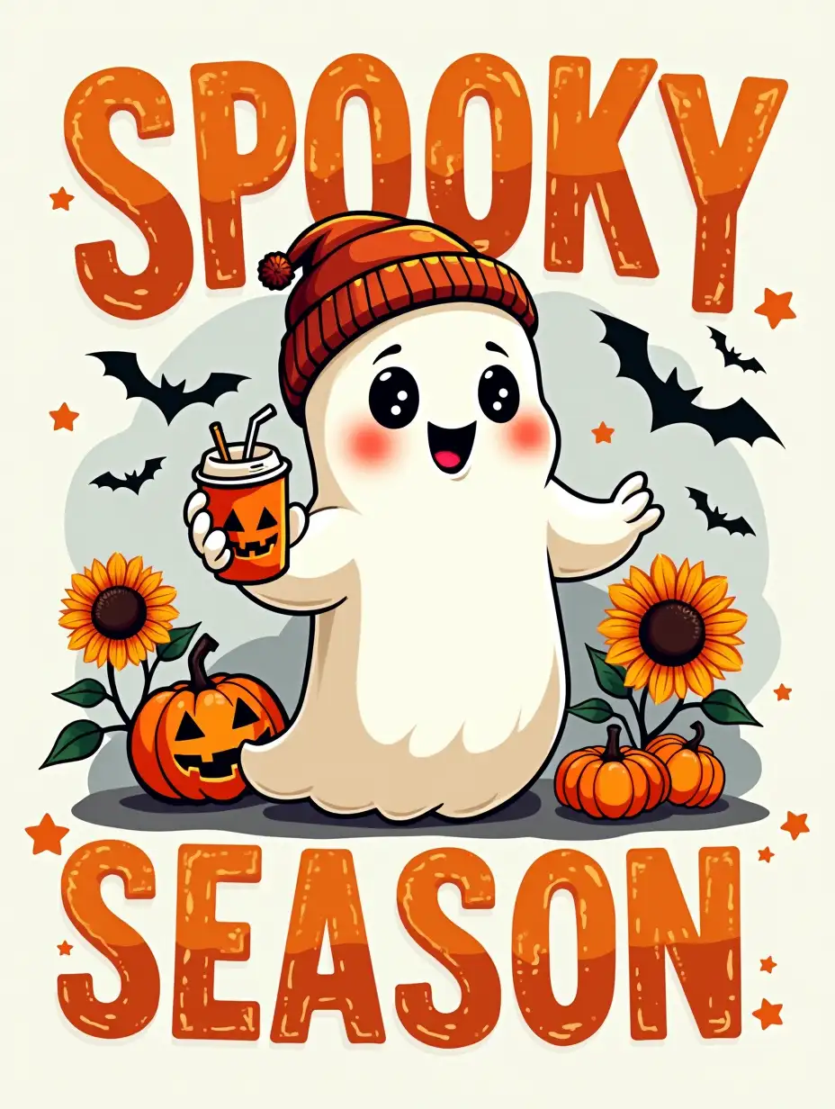 vector. Create a Halloween-themed graphic featuring a friendly ghost wearing a beanie and holding a pumpkin-shaped drink and a trick-or-treat bag. The ghost should be surrounded by sunflowers, bats, and pumpkins. The text 'SPOOKY SEASON' should be prominently displayed in bold, orange letters, with a distressed, worn look. The overall style should be playful and slightly spooky, with a touch of cuteness.