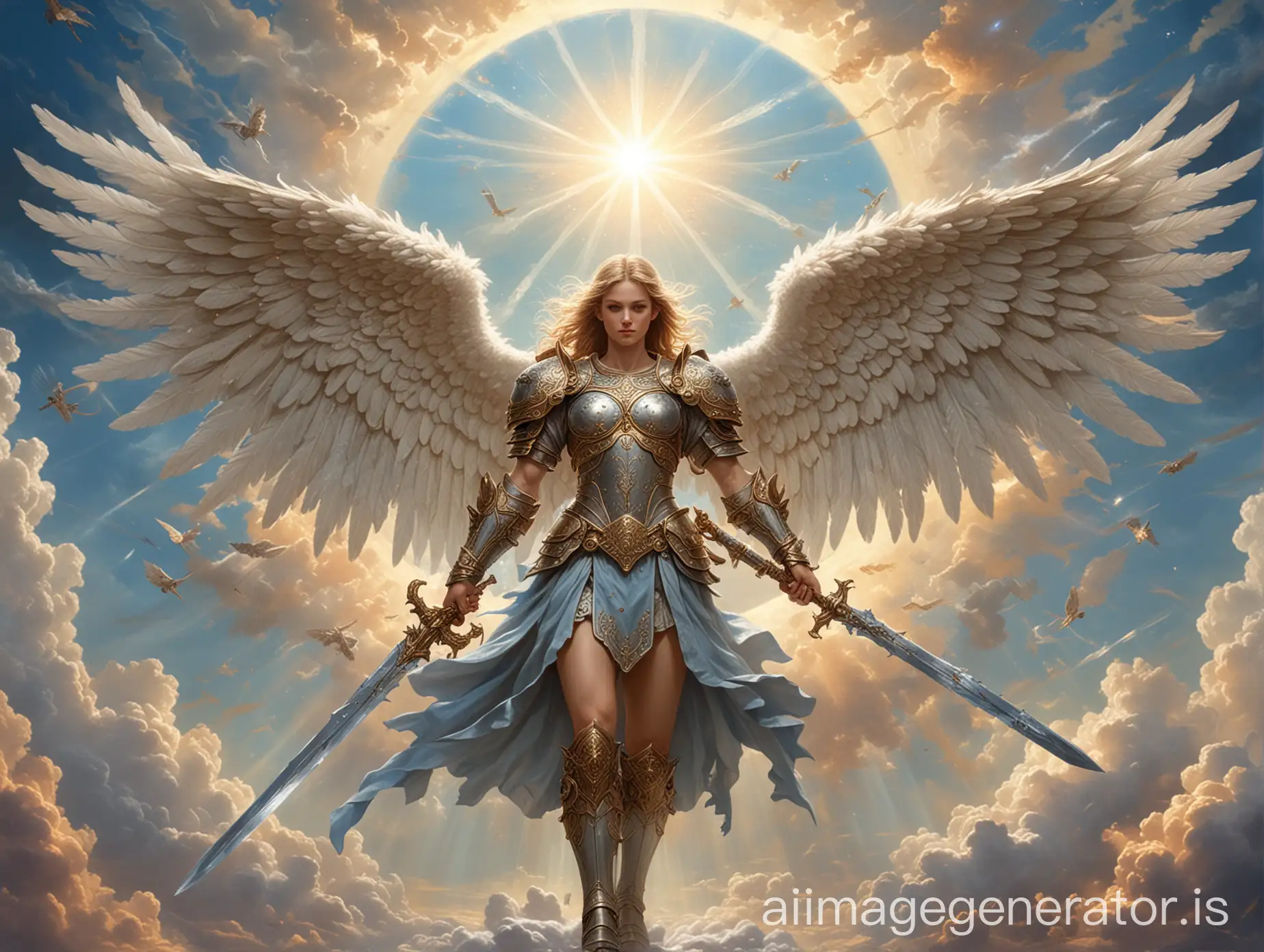 angel with armor, cerafin wings, magical circle on back, heavenly sky, imposing holy sword