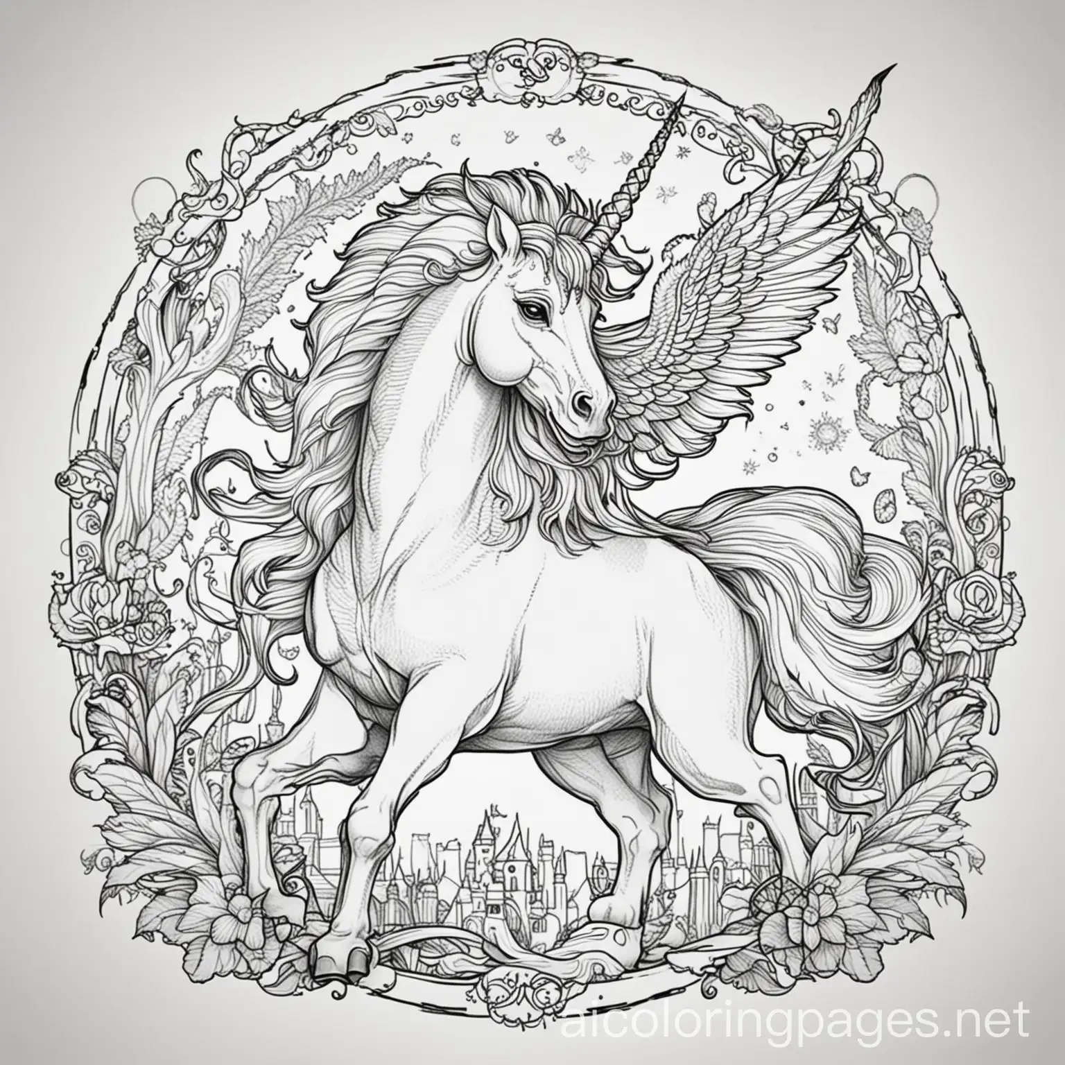 mythical fantasy creatures, Coloring Page, black and white, line art, white background, Simplicity, Ample White Space. The background of the coloring page is plain white to make it easy for young children to color within the lines. The outlines of all the subjects are easy to distinguish, making it simple for kids to color without too much difficulty