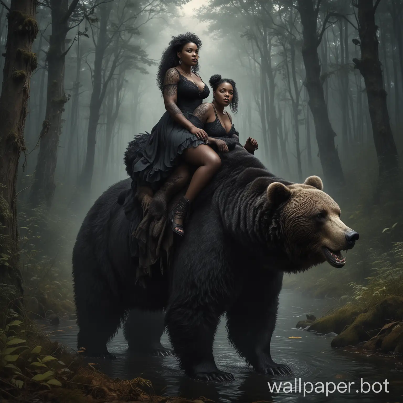 Voluptuous black women riding a bear in a dark gothic forest