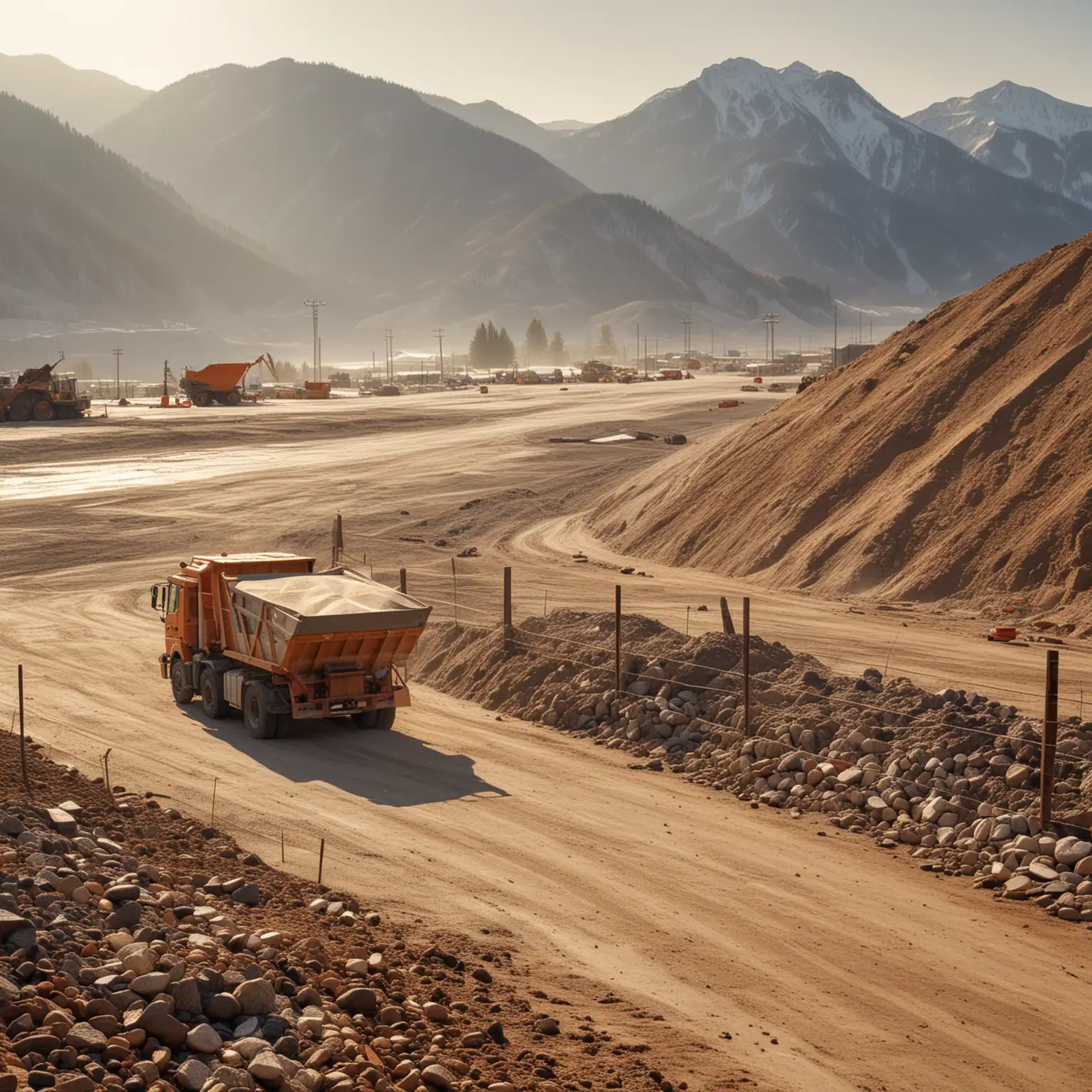 a construction site small scene, with fence, roadblock, dump truck, sand pile, soil, gravel, pebbles, withered grass, pit, hazy mountains, evening sun