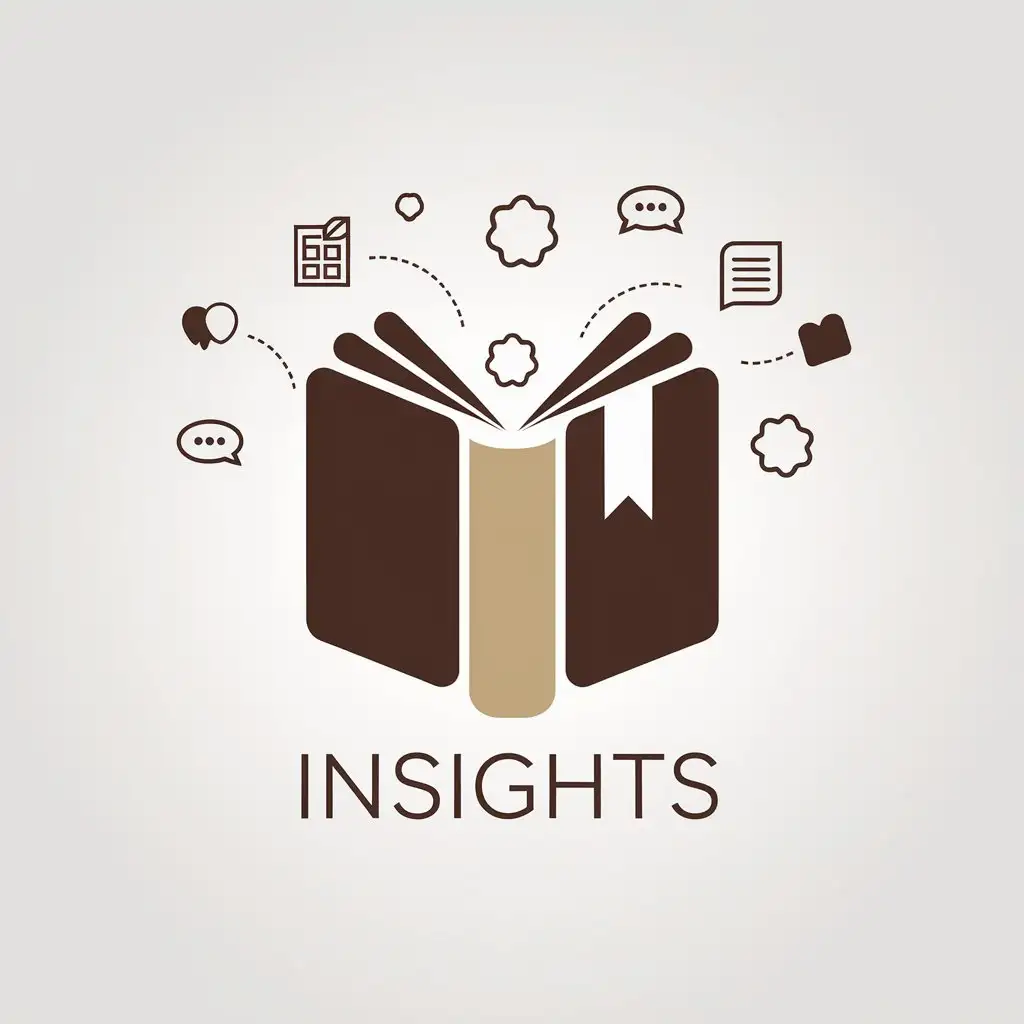 a vector logo design,with the text "insights", main symbol:Monochrome brown and beige palette, symbols of thoughts, quotes and notes hover above the book,Minimalistic,clear background