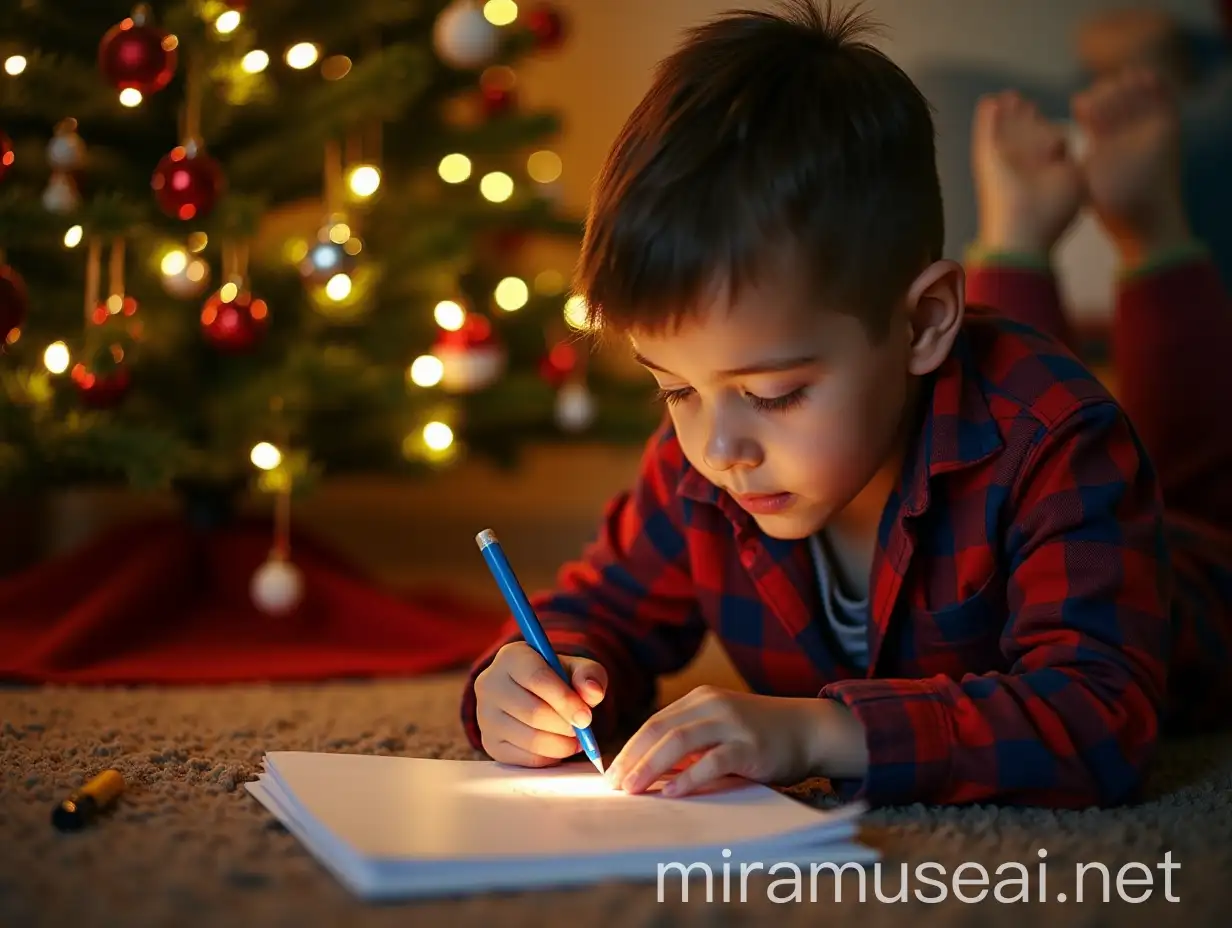 Little boy lies under a decorated Christmas tree and writes his wish list