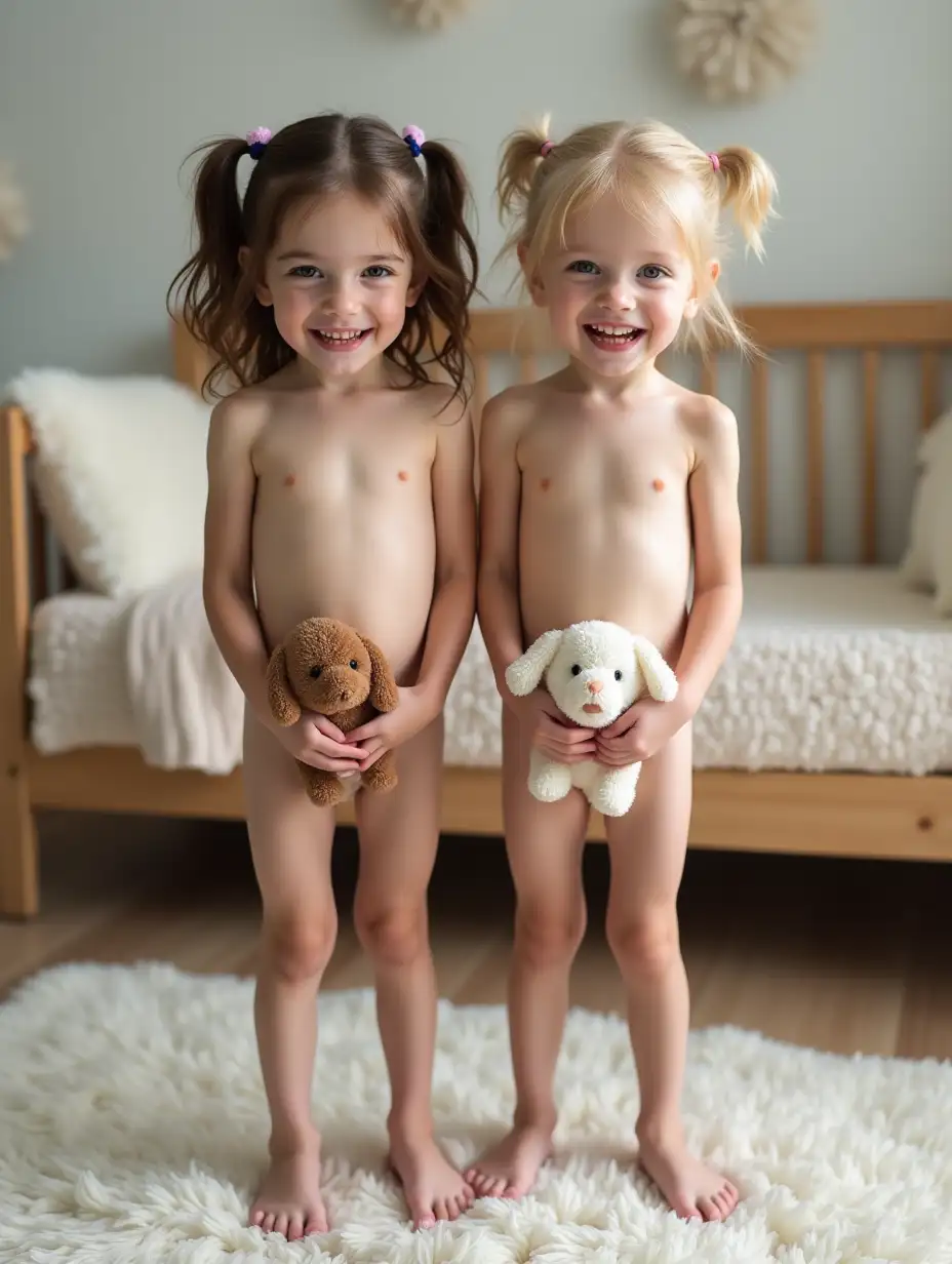 Two-Young-Girls-in-Playroom-Holding-Stuffed-Animals-with-Big-Smiles