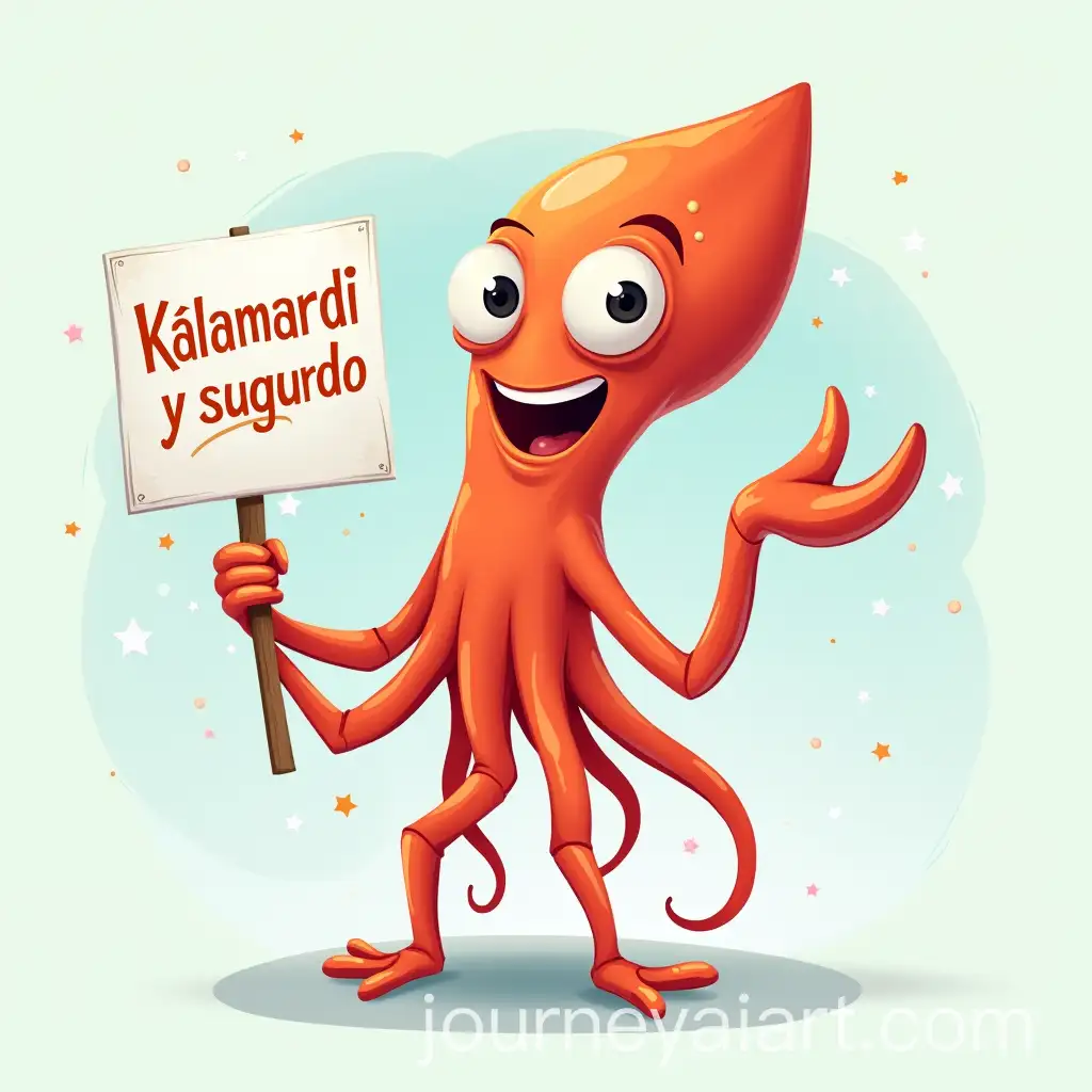 Friendly-Cartoon-Squid-Holding-Kalamardi-Sign-with-Slogan-Fcil-y-seguro-in-Bright-Modern-Setting