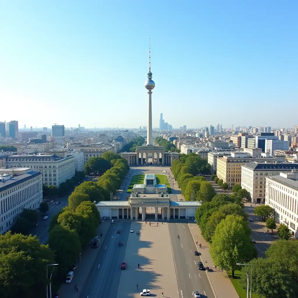 A wide-angle view of Berlin city center, showcasing the Brandenburg Gate and the TV Tower in the distance, under a clear blue sky, modern and historical buildings blended together, summer atmosphere, no people, peaceful city vibe.