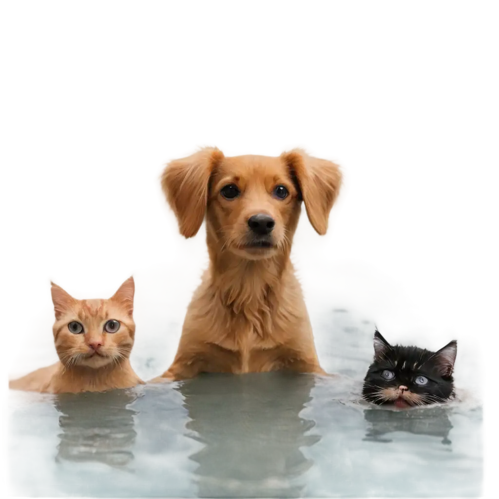 Adorable-Pets-in-a-Splash-PNG-Image-Captures-the-Humor-of-Cats-and-a-Dogs-Aquatic-Misadventure