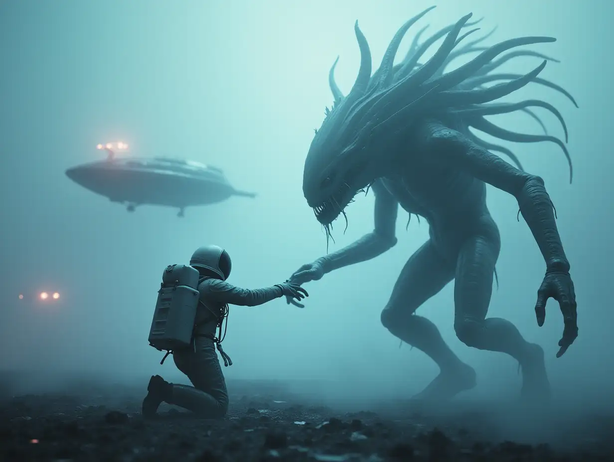 The astronaut, kneeling, extends a hand towards a towering, bioluminescent alien. The alien, with intricate, plant-like features, returns the gesture. The fog swirls around them, creating an ethereal atmosphere. A sleek, chrome spaceship descends from the sky, its landing lights cutting through the mist. (Style: otherworldly, mysterious, hyperrealistic, Octane Render, wide angle)