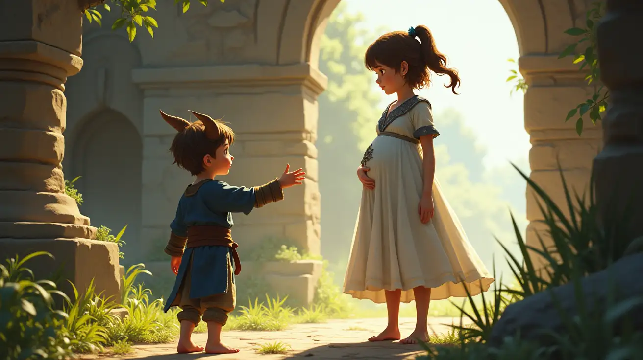 a (small, young boy with two horns on his head, and blue and brown tunic), beckoning a (tall, teen girl with short brown hair and a flowing white dress, with dark gray brim, accent. (she is pregnant)). her to jump across a (deep-dark-fissure-between them). they are in a sun-drenched, overly-bright, overgrown, casual-ruins.