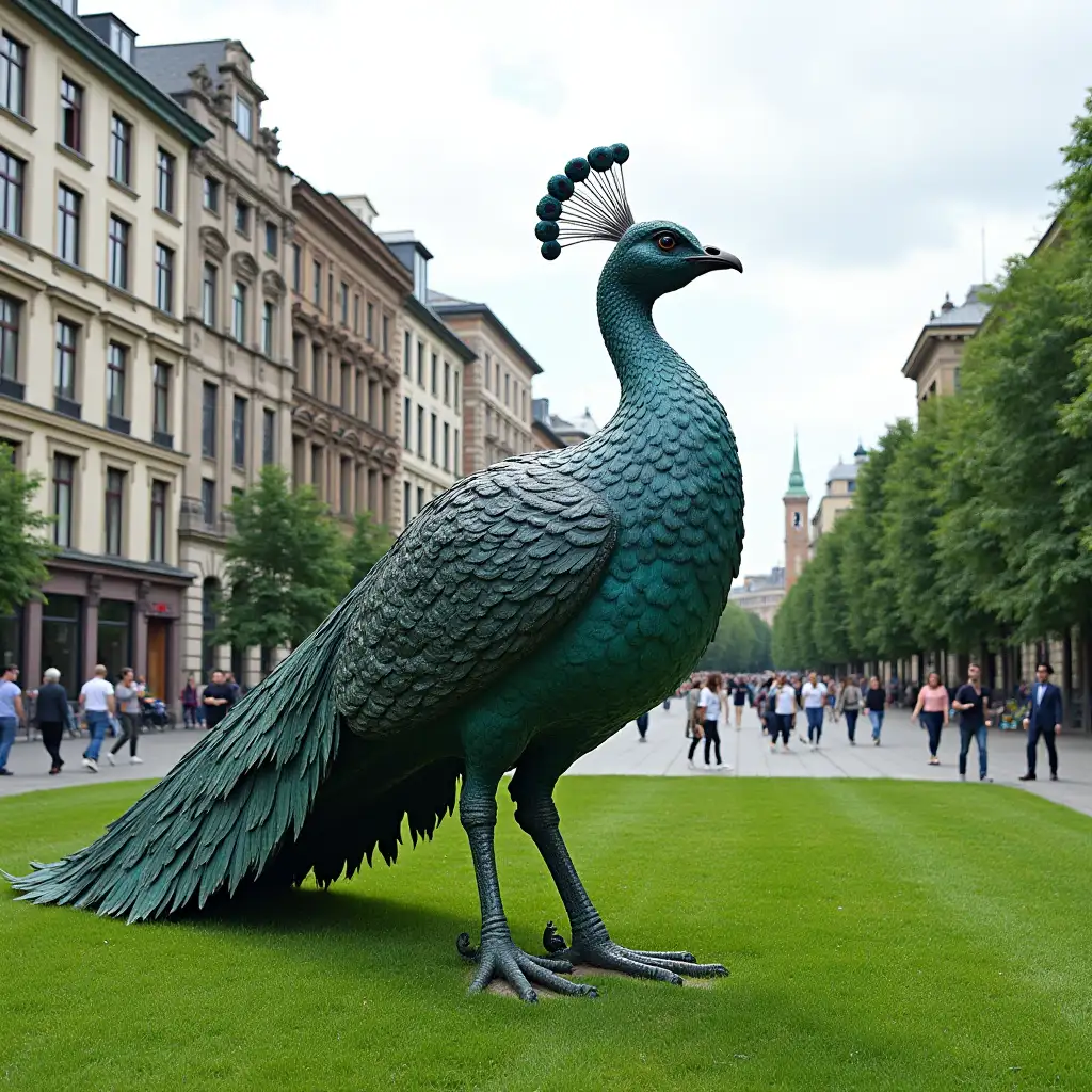 sculpture of a peacock with green field in the middle of a city square