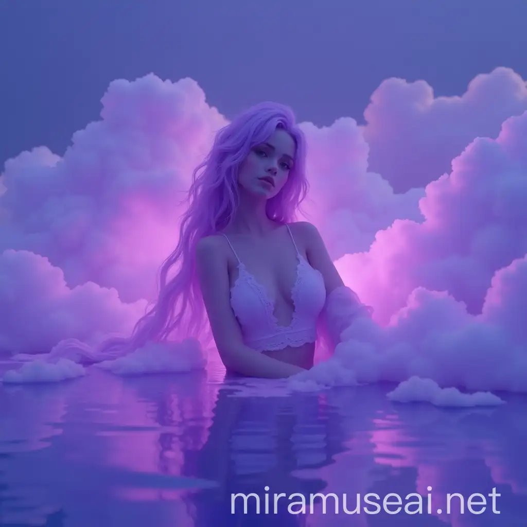 Elegant Woman Sitting Among Celestial Clouds at Midnight