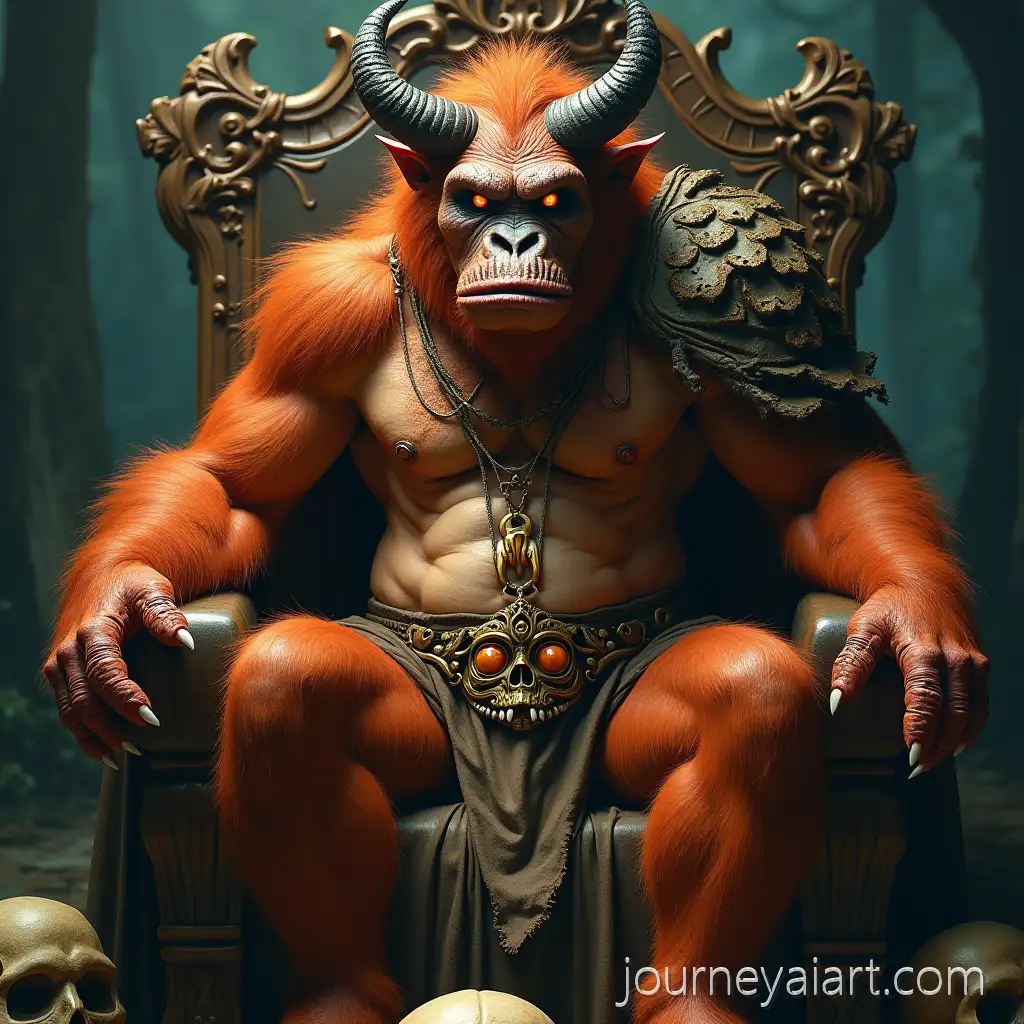 Drolgomok-Barlgura-Patriarch-Terrifying-Fusion-of-Orangutan-and-Demon-SeatedDrolgomok-Barlgura-Portrait-on-Throne-in-Abyssal-Jungle