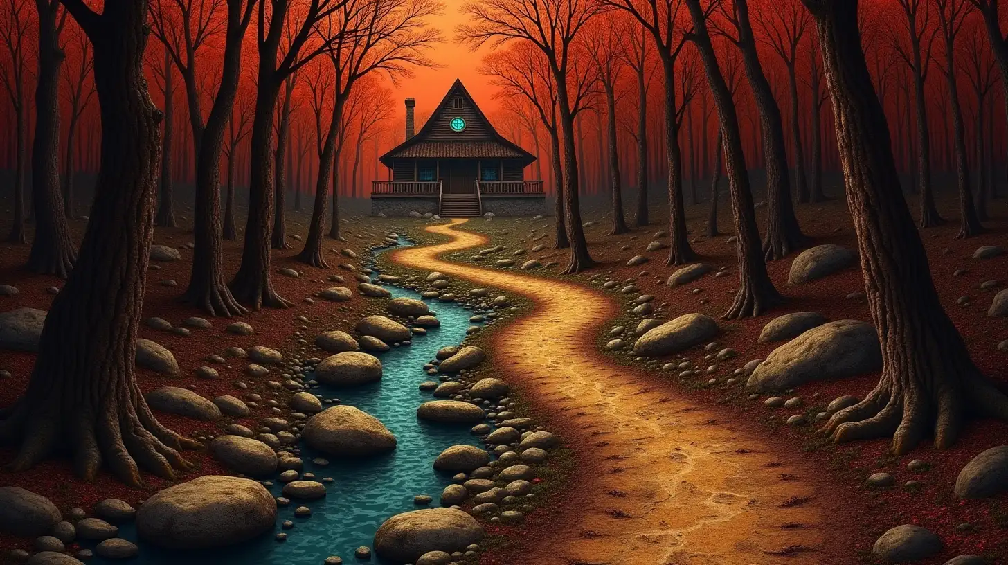 a winding road between rocks, streams and old trees, which leads to a mysterious old wooden house in the forest, salvador dali surrealistic style, shades of brown and dark red, bird's eye view from afar