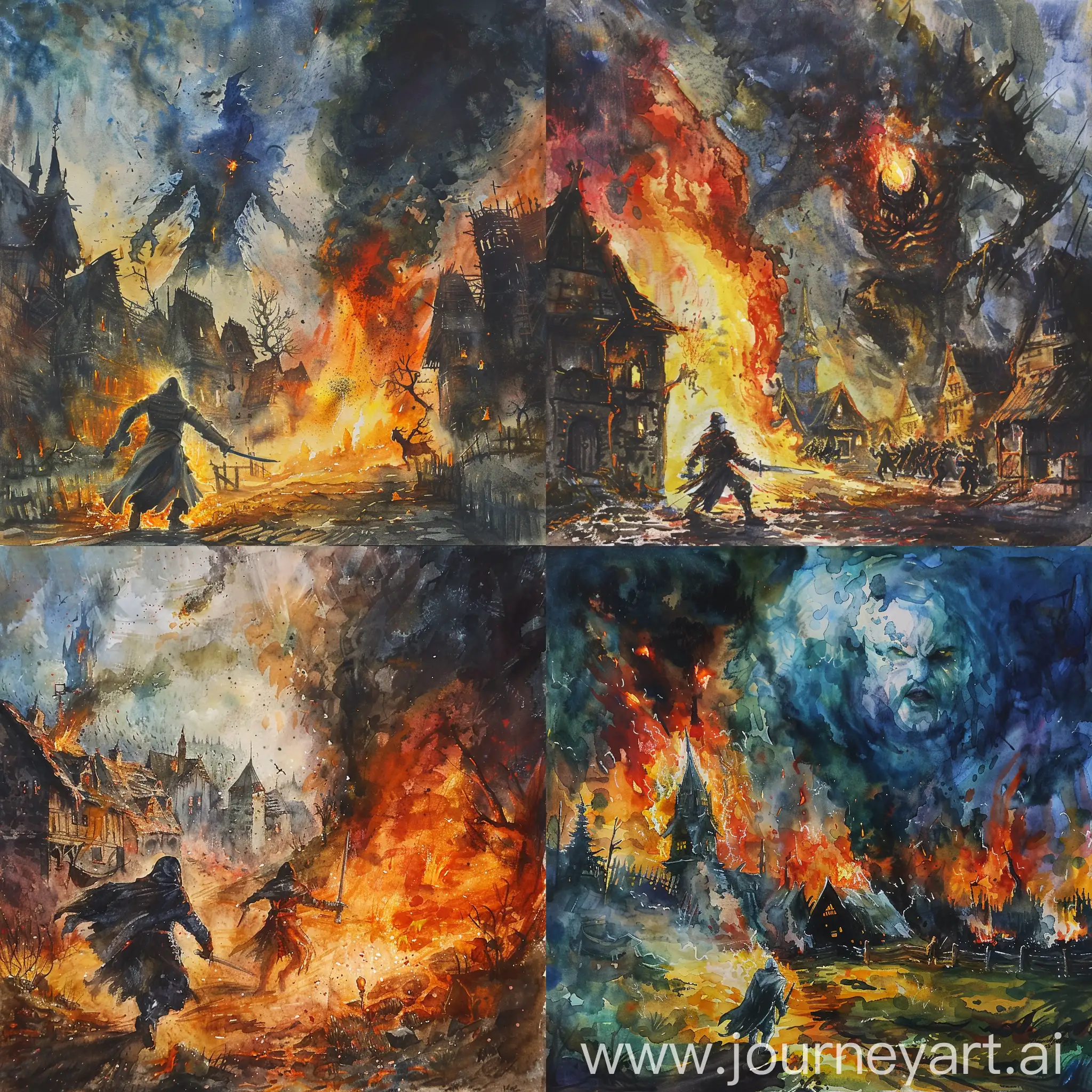 Van-Helsing-Battling-Lich-in-Burning-Village-Aquarelle-Art