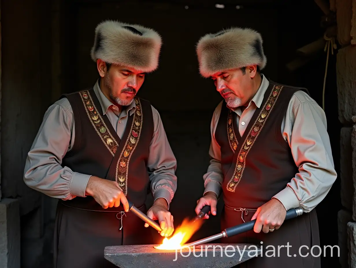 Two-Turkmen-Blacksmiths-Working-in-Traditional-Forge-with-Embroidered-Clothing-and-High-Fur-Hats