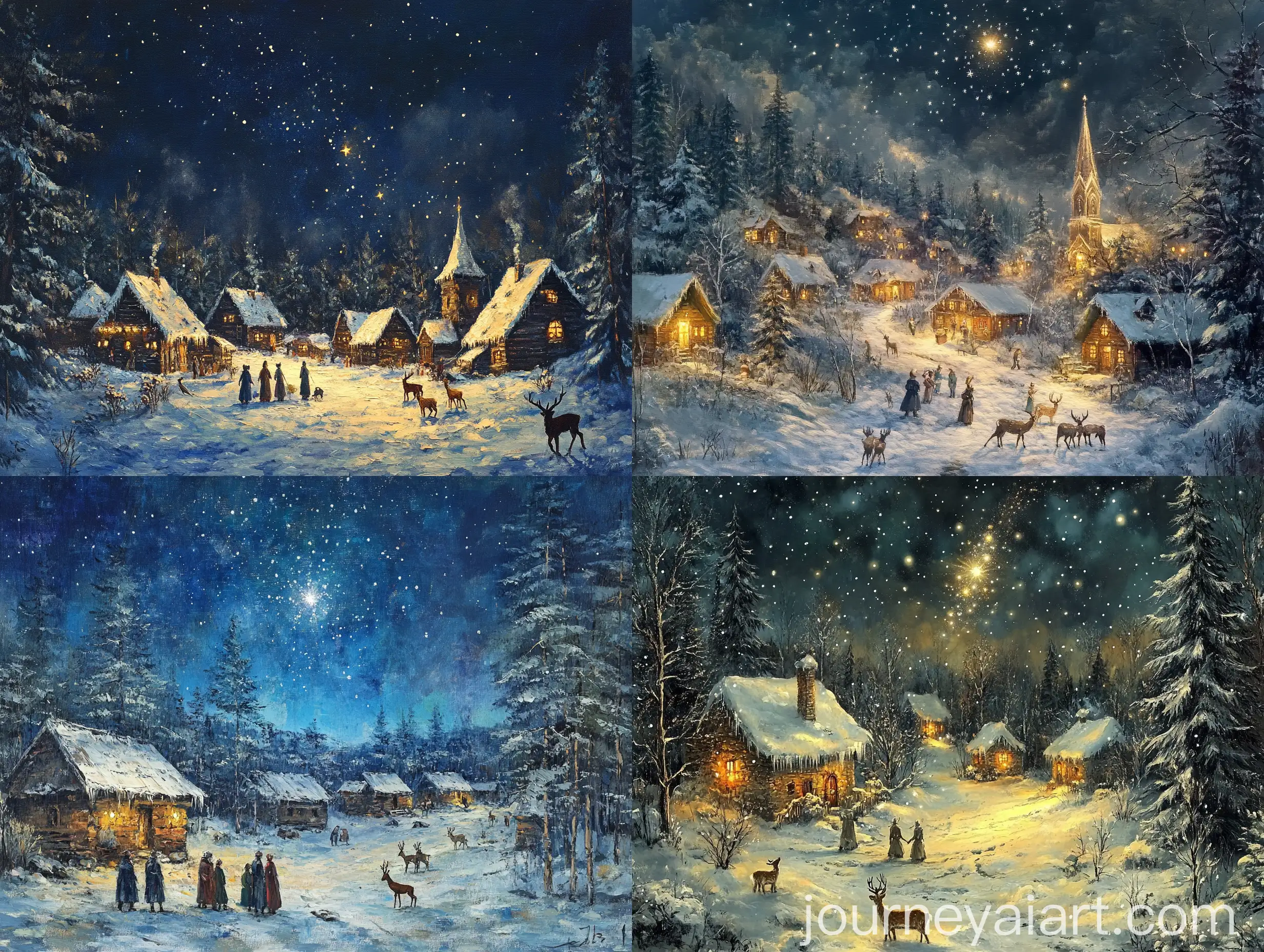 Enchanted-Winter-Village-Starfall-Scene-with-Villagers-and-Deer