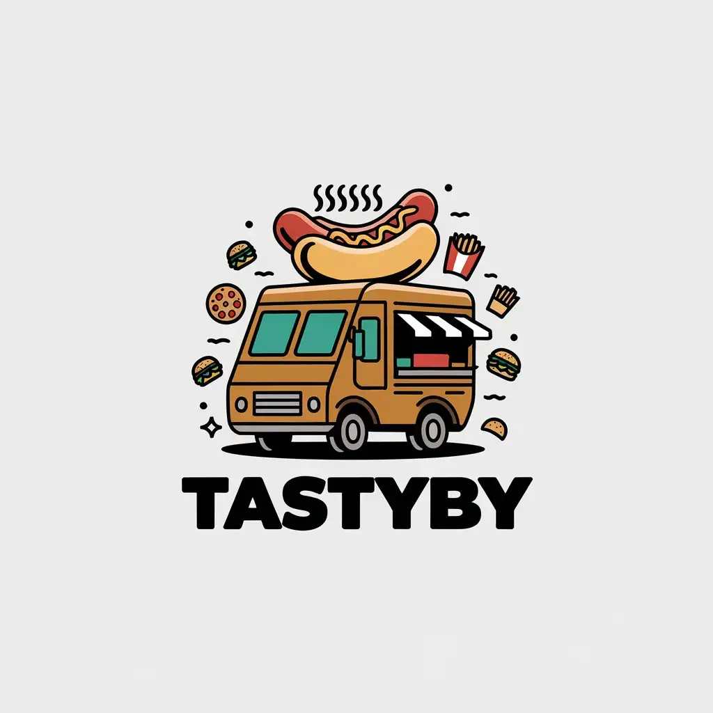 a vector logo design,with the text "TASTYBY", main symbol:food delivery,complex,clear background