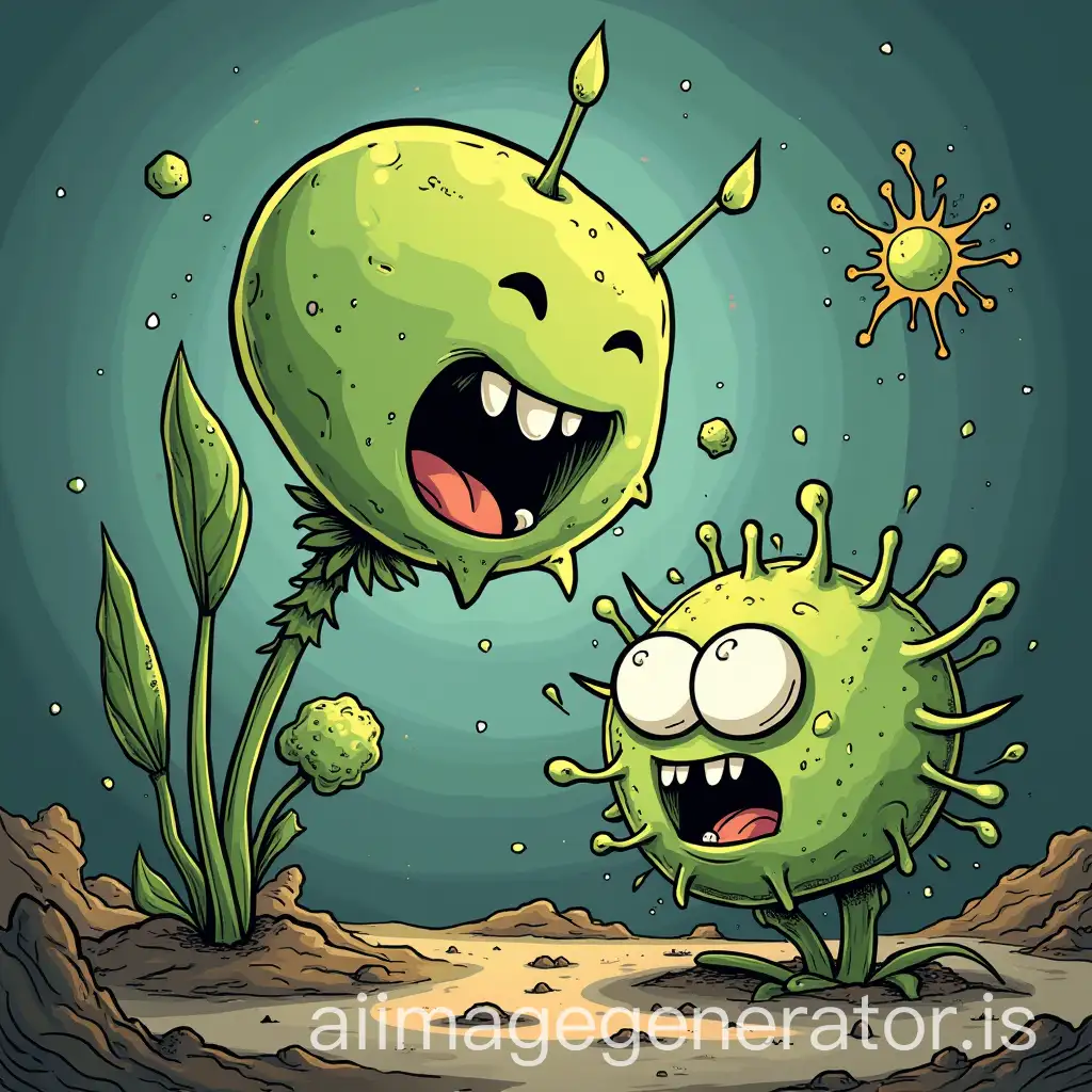PLEASE AN IMAGE WHERE A PLANT IS FIGHTING WITH A BACTERIA IN THE FORM OF A COMIC