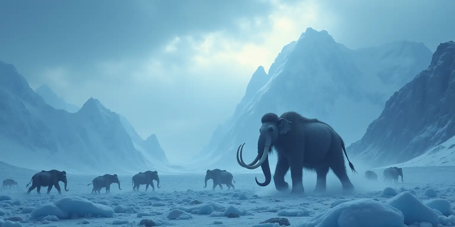 Dramatic Ice Age Landscape with Mammoth Herd